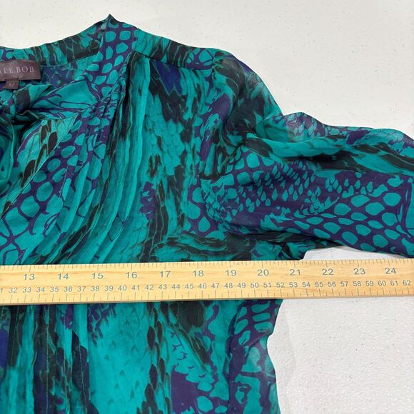 Hale Bob SILK Blouse sz M Animal Print Green Neck Tie Mermaidcore Dark Fairy - Picture 8 of 9